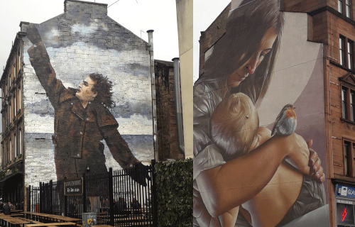 Street art de smug à Glasgow en Ecosse représentant un portrait de maman avec son bébé